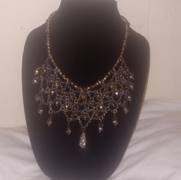 Vintage Chico's BoHo Bibb Necklace style Gold silver brown glass mix metals bead - Picture 3 of 16